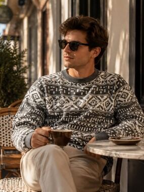 Topman Mens S Gray White Nordic Geometric Crewneck Sweater Made in Italy